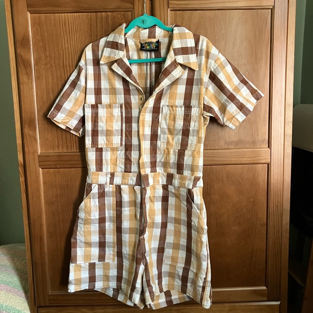 Big Bud Press Brown Tan Cream Plaid Short Jumpsuit Romper